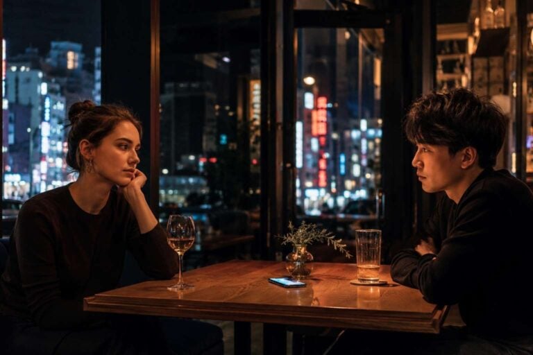 A foreign woman and a Japanese man sitting at a restaurant table during an awkward or tense date at night in Tokyo, illustrating cultural dating barriers.