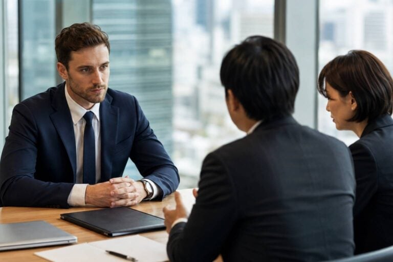 Mid-career professional discusses a job offer with hiring managers in a Japanese office