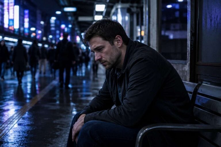 Tired foreign resident sitting alone on a bench at a rainy Japanese train station